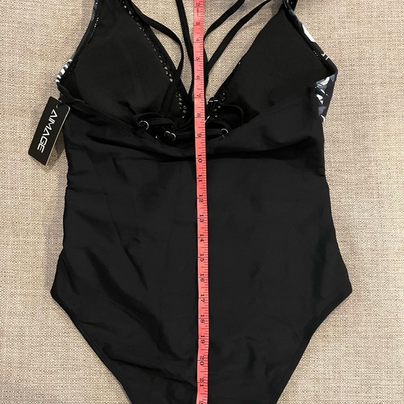 AI’MAGE One Piece Swimsuit Women’s Size M Floral Plunge Fish Net Trim NWT - Picture 10 of 10